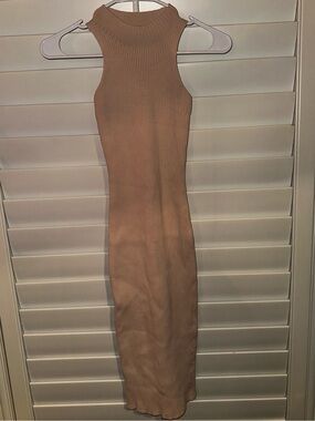 Olivaceous Sleeveless Ribbed Midi Dress in Camel